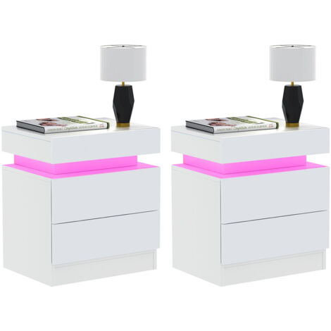 Juego de 2 Mesita de Noche con luz LED, Mesa de Noche con 2 cajones, 45x35x52cm, Ajustables 16 Colores LED Adecuada, Mesa de Noche Dormitorio Parte Delantera Brillante, Mesa Auxiliar
