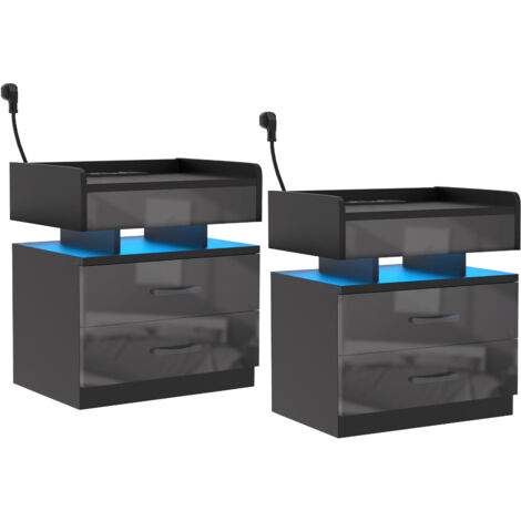 Juego de 2 Mesita de Noche de Alto Brillo con Enchufe Dormitorio Mesitas de Noche con Tira de luz led Negro Mesa Auxiliar con 2 Cajones para Sala de Estar