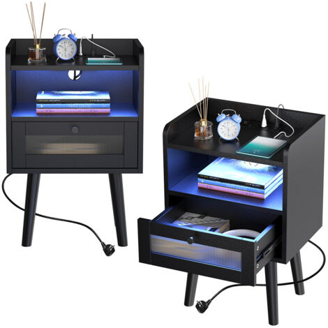 Juego de 2 Mesita de noche LED con enchufe y USB,1 cajón,40 x 30 x 60 cm