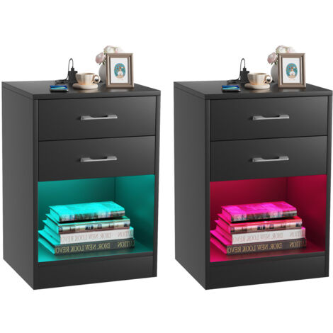 Juego de 2 Mesita de noche LED con toma y USB, mesa de noche con 2 cajones, 16 colores luces LED, para sala de estar, dormitorio (40 x 35 x 60 cm)