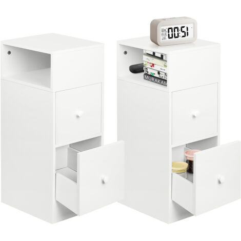 Juego de 2 mesitas de noche estrechas con 2 cajones y compartimento abierto, mesa auxiliar para sofá, mueble de almacenaje compacto para dormitorio y sala de estar, color blanco