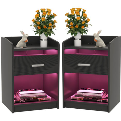 Juego de 2 mesitas de noche LED con enchufe, color negro brillante con 1 cajón, 2 enchufes AC, 2 puertos USB, mesita de noche para salón, 40 x 35 x 58 cm
