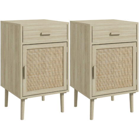 Juego de 2 Mesitas de Noche Mesillas de Noche Mesitas Auxiliares con Cajón de Ratán y Estante Ajustable para Dormitorio Salón 40x40x68,5 cm
