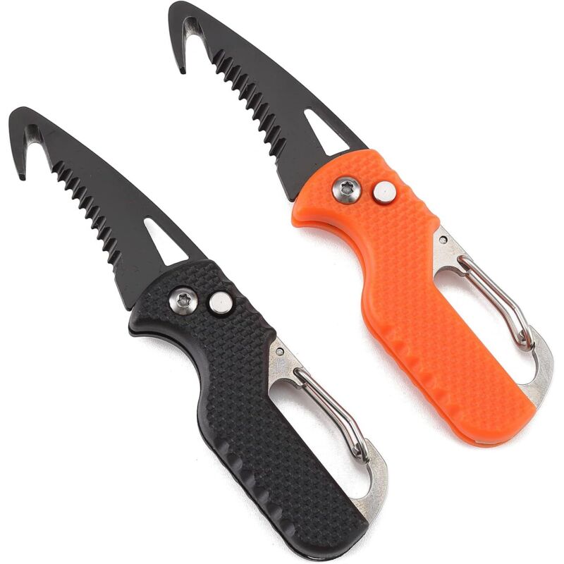 Juego de 2 minicuchillos plegables para llavero, cortador de cajas y cinturones de seguridad, cuchillo de rescate portátil (mango negro y borde