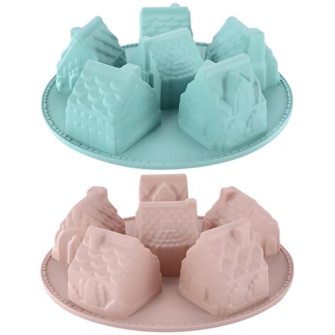 Juego de 2 moldes de silicona para hornear con forma de casa - 6 cavidades - Molde antiadherente para pasteles, ideal para pudín de Navidad, postres, mousse, velas y jabón.