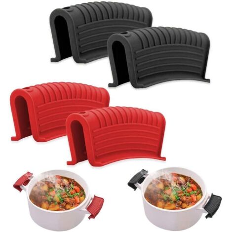 Juego de 2 pares de soportes de silicona para mangos, protectores de mangos, fundas antideslizantes para guantes de horno, sartenes, ollas y placas de cocina (negro y rojo).