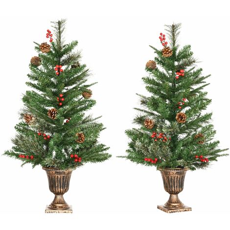 Juego de 2 Piezas de Árbol de Navidad Artificial 90 cm con Maceta Ignífugo con 110 Ramas 10 Bayas 8 Piñas y Hojas de PVC Decoración Navideña