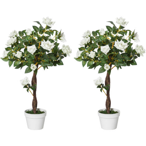 Juego de 2 plantas artificiales rosas artificiales con 21 flores y maceta de cemento plantas sintéticas para decoración hogar verde y blanco