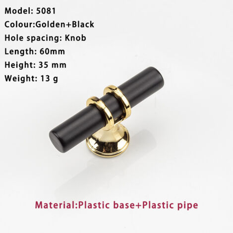 Juego de 2 pomos, tirador moderno en forma de T para puertas de armario, de aleación, para muebles de cocina, armarios, alacenas y dormitorios. Tornillos incluidos. Color negro con base dorada.