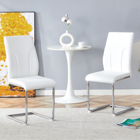 Juego de 2 sillas blancas de PU, patas de metal plateado, asiento de espuma de alta resiliencia — comedor, cocina, oficina