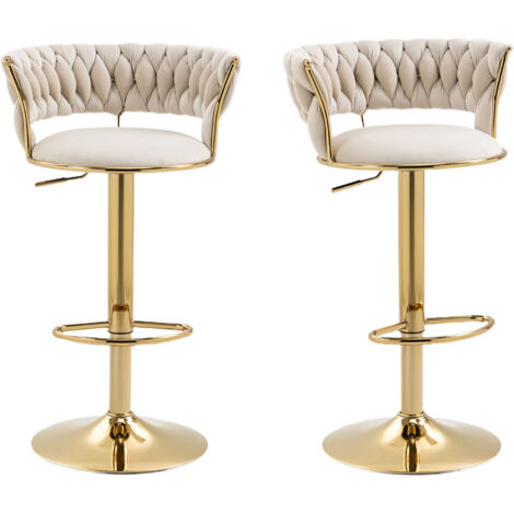 Juego de 2 sillas de bar giratorias de 360 grados, taburetes de bar ajustables en altura, tapizados en terciopelo beige con reposapiés, ideales para cocina, comedor, bar, oficina y sala de estar.