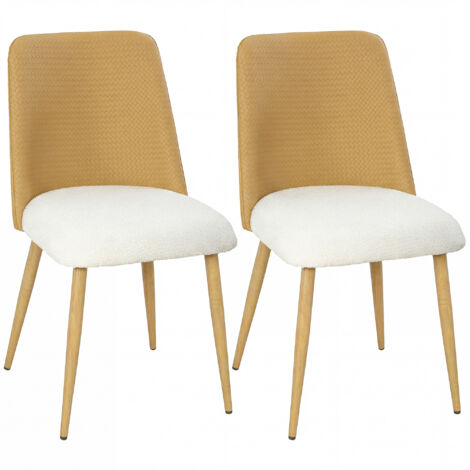 Juego de 2 sillas de cocina con respaldo de poliuretano imitación ratán, patas de acero y asiento acolchado, color marrón y beige.