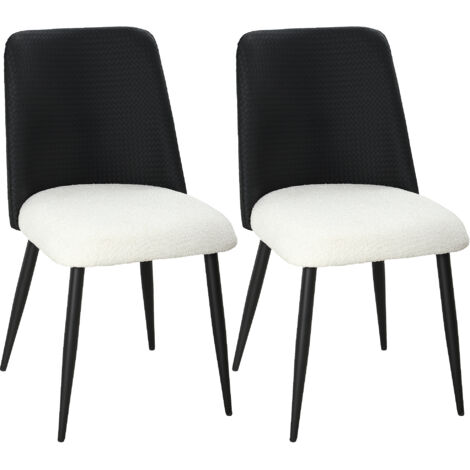 Juego de 2 sillas de cocina con respaldo de poliuretano imitación ratán, patas de acero y asiento acolchado en negro y beige.