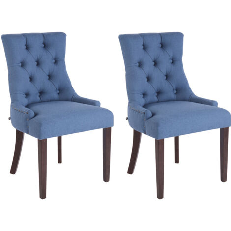 Juego de 2 sillas de comedor con botones decorativos, asiento de tela azul, patas marrón oscuro 100001516