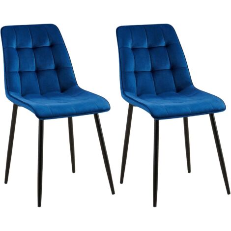 Juego de 2 sillas de comedor con costuras cuadradas decorativas en terciopelo azul estructura de metal negro 100007502