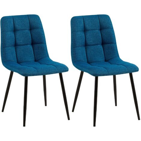 Juego de 2 sillas de comedor con costuras decorativas cuadradas, asiento de tela azul, patas de metal negro 100001574