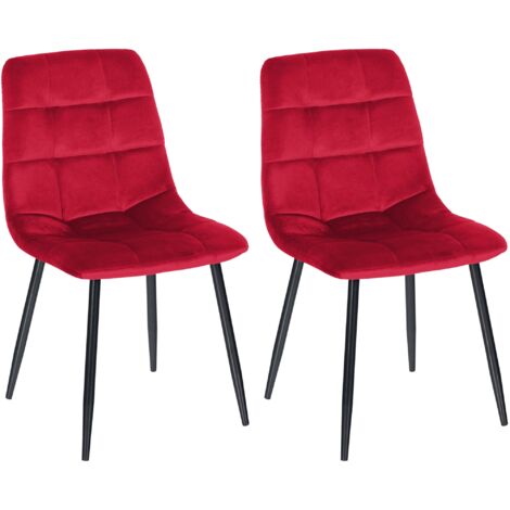 Juego de 2 sillas de comedor con costuras decorativas en tela de terciopelo rojo y patas de metal negro 100001570