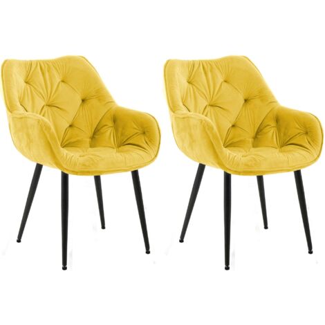 Juego de 2 sillas de comedor con costuras decorativas en terciopelo amarillo y patas de metal negro 100007559