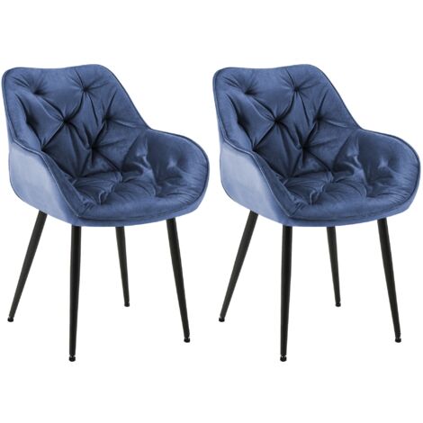 Juego de 2 sillas de comedor con costuras decorativas en terciopelo azul y patas de metal negro 00001664
