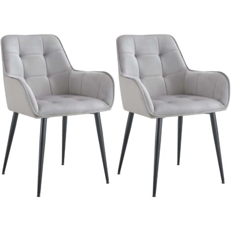 Juego de 2 sillas de comedor con reposabrazos en terciopelo gris claro con tapizado capitoné y estructura de metal negro 100007494