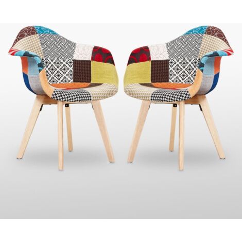 Juego de 2 sillas de comedor con reposabrazos y tapizado de tela con patas de madera - Silla de comedor - Multicolor