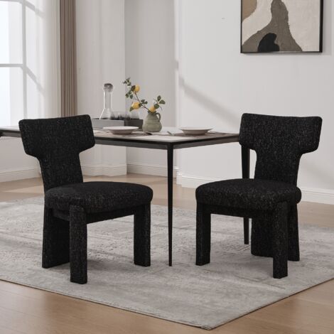 Juego de 2 sillas de comedor de chenilla negra - Patas de madera maciza y respaldo curvo - Diseño escandinavo