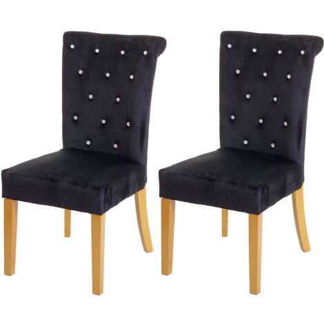 Juego de 2 sillas de comedor de cocina en terciopelo negro con decoración de botones de cristal, patas de madera clara 040000353