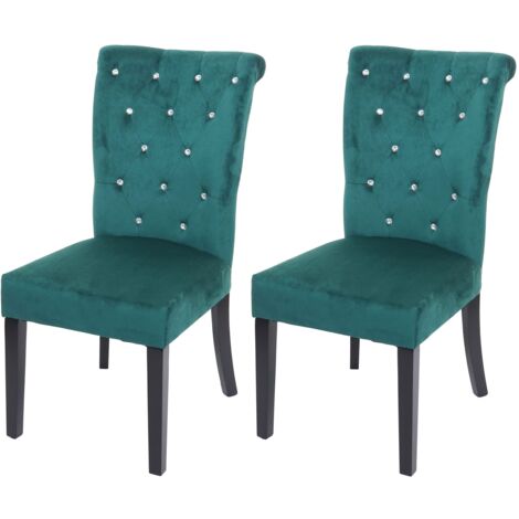 Juego de 2 sillas de comedor de cocina en terciopelo verde oscuro con decoración de botones de cristal, patas de madera negra 040000354
