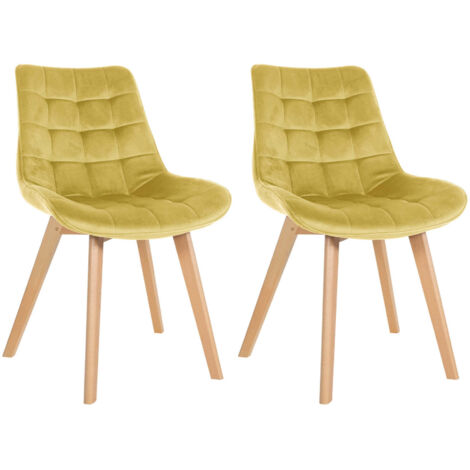 Juego de 2 sillas de comedor de diseño escandinavo con costuras cuadradas en terciopelo amarillo, patas de madera clara 100001680