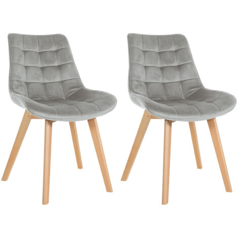 Juego de 2 sillas de comedor de diseño escandinavo con costuras cuadradas en terciopelo gris, patas de madera clara 100001681