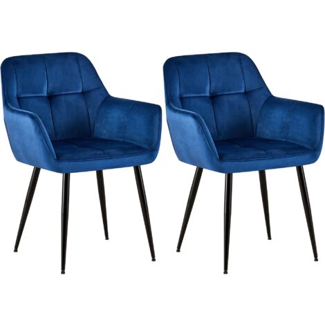 Juego de 2 sillas de comedor de diseño retro con costuras decorativas en asientos cuadrados en terciopelo azul 100001531
