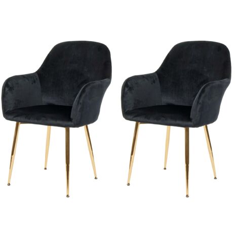 Juego de 2 sillas de comedor de diseño retro en tejido de terciopelo negro con patas de metal dorado 040000380