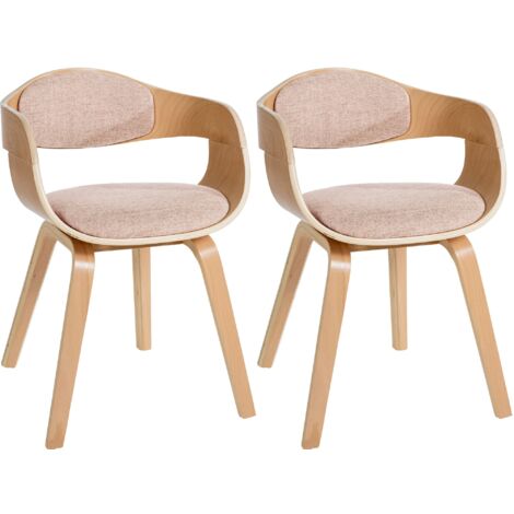 Juego de 2 sillas de comedor de diseño retro en tela color crema, estructura de madera clara 100001718