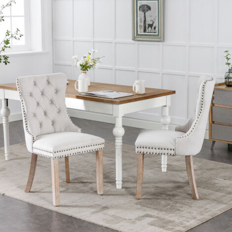 Juego de 2 sillas de comedor de respaldo alto, sillas de cocina tapizadas, decoradas con remaches, patas de madera, lino beige