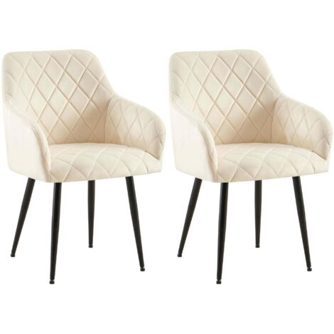 Juego de 2 sillas de comedor de terciopelo crema con costuras decorativas de diamantes y patas negras elegantes y contemporáneas 100007651