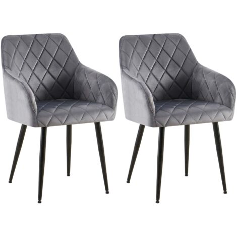 Juego de 2 sillas de comedor de terciopelo gris oscuro con costuras decorativas de diamantes y patas negras elegantes y contemporáneas 100007576
