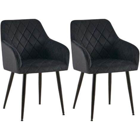 Juego de 2 sillas de comedor de terciopelo negro con costuras decorativas de diamantes y patas negras elegantes y contemporáneas 100007741