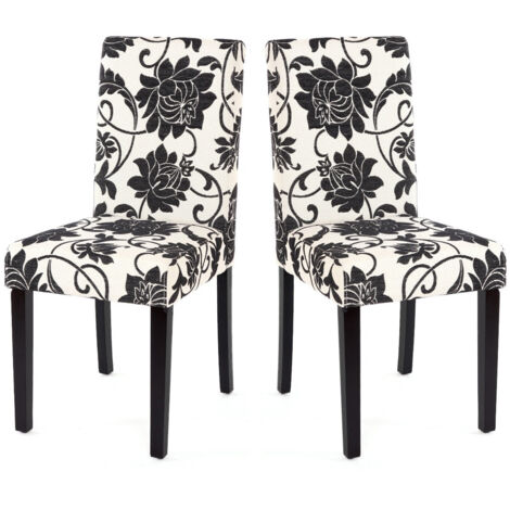 Juego de 2 sillas de comedor en tela estampada blanca y negra, patas oscuras CDS04022