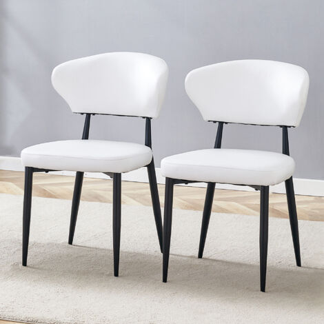 Juego de 2 sillas de comedor ergonómicas, respaldo curvo, patas de metal negro, asiento de PU acolchado blanco