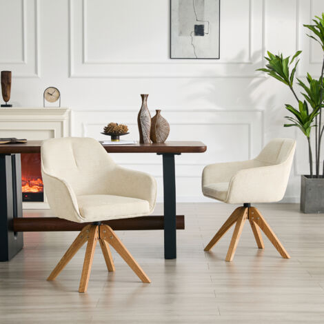 Juego de 2 sillas de comedor giratorias 360° con reposabrazos, tapizadas en tela y con patas de madera maciza - color beige