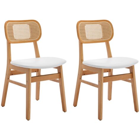 Juego de 2 Sillas de Comedor Madera Tapizada Sillas de Cocina con Respaldo de Rattán Sillas Laterales Modernas para Salón, Blanco