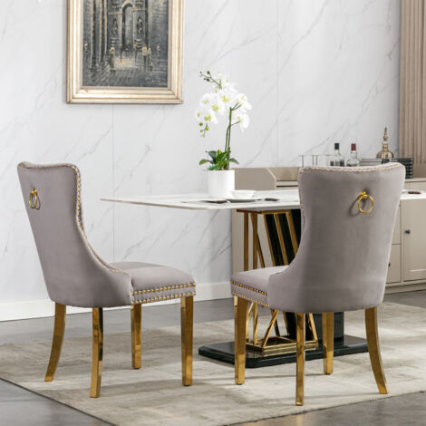 Juego de 2 sillas de comedor respaldo alto espuma de alta densidad tela de terciopelo estructura de madera color gris