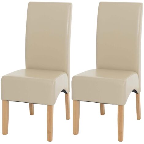Juego de 2 sillas de comedor tapizadas en piel crema con respaldo alto y patas de madera clara 040011603