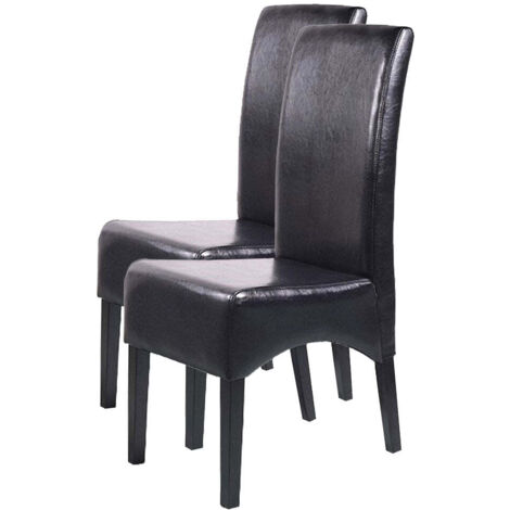 Juego de 2 sillas de comedor tapizadas en piel negra con respaldo alto y patas de madera clara 040011611