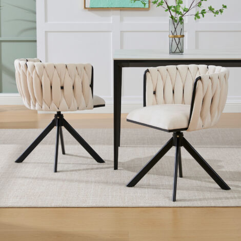 Juego de 2 sillas de comedor tapizadas en terciopelo, con sillón giratorio 180°, ideales para sala de estar o dormitorio. Patas de metal negro. Color beige.