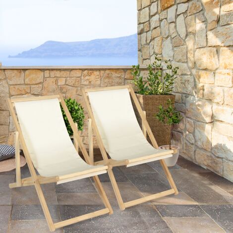 Juego de 2 sillas de madera, tumbonas plegable de playa con lona crudo