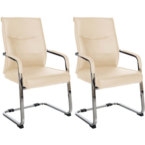 Juego de 2 sillas de oficina/visita sin ruedas base de trineo de metal cromado y asiento de PVC color crema 100003095