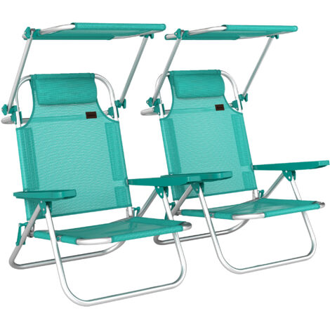 Juego de 2 Sillas de Playa Plegables con Dosel Ajustable Respaldo Reclinable en 6 Posiciones Reposacabezas Turquesa