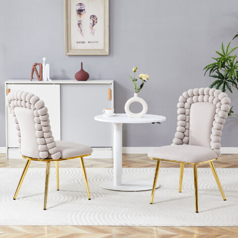 Juego de 2 sillas de terciopelo, respaldo con efecto cadena de cuentas 3D, patas de metal dorado, modernas para comedor y sala de estar - gris