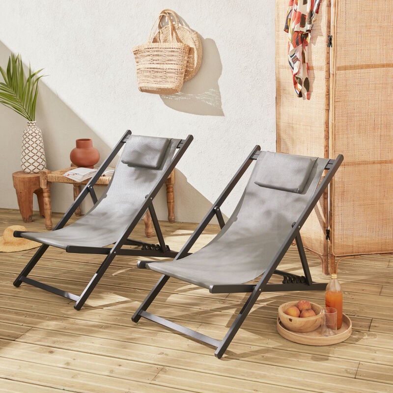 

Juego de 2 sillas para tomar sol - Gaia antracita- Aluminio antracita y textileno gris con reposacabezas. - Gris